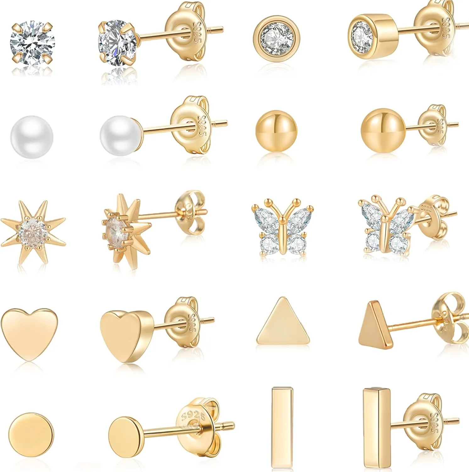 4/8/10 Pairs Gold & Silver for Women 14K Gold Plated With 925 Sterling Silver Cubic Zirconia Stud Hypoallergenic Small Stud Earrings Sets for Multiple Piercing