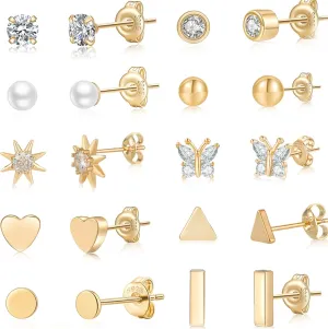 4/8/10 Pairs Gold & Silver for Women 14K Gold Plated With 925 Sterling Silver Cubic Zirconia Stud Hypoallergenic Small Stud Earrings Sets for Multiple Piercing