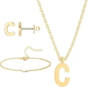 4Pcs A-Z Initial Jewelry Set for Women,Letter Necklace Bracelet Earrings Gold,Personalized Initial Girls for Teen Girls,Monogrammed Gifts for Mom Wife