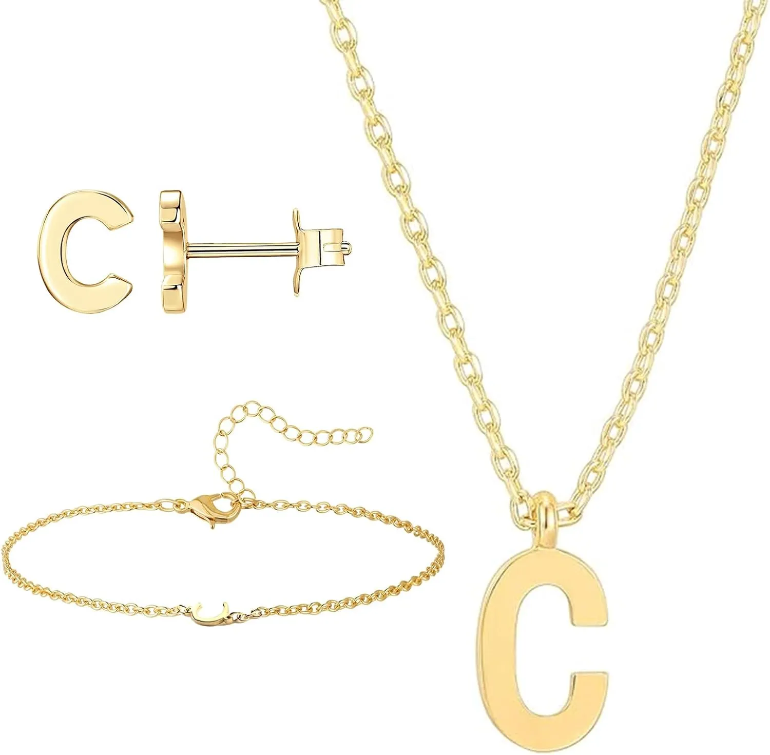 4Pcs A-Z Initial Jewelry Set for Women,Letter Necklace Bracelet Earrings Gold,Personalized Initial Girls for Teen Girls,Monogrammed Gifts for Mom Wife