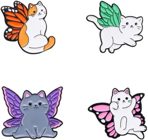 4PCs Cat With Butterfly Wing Enamel Pin Set Flying Kitten Brooch Cartoon Cute Cat Animal Brooch Art Aesthetic DIY Craft Badges Pins for Backpack Hats Coat Accessories Boys Girls Jewelry Present