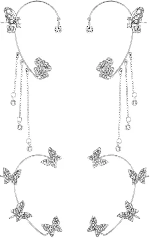 4Pcs Dainty Silver Butterfly Ear Cuffs Wraps Ear Cuff Earrings Bling Butterfly Tassel Style Zircon Earrings Clips Bridal Wedding Jewelry for Women Non Piercing