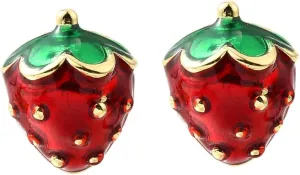 5 Pair Brass Strawberry Stud Earrings Enamel Imitation Fruit Food Earrings for DIY Jewelry Making