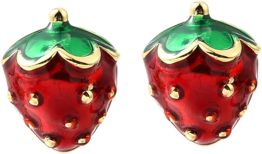 5 Pair Brass Strawberry Stud Earrings Enamel Imitation Fruit Food Earrings for DIY Jewelry Making