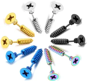 5 Pair Punk Ttitanium Stainless Steel Screw Earrings Piercing Stud for Men Women Halloween Rock Hypoallergenic Jewelry