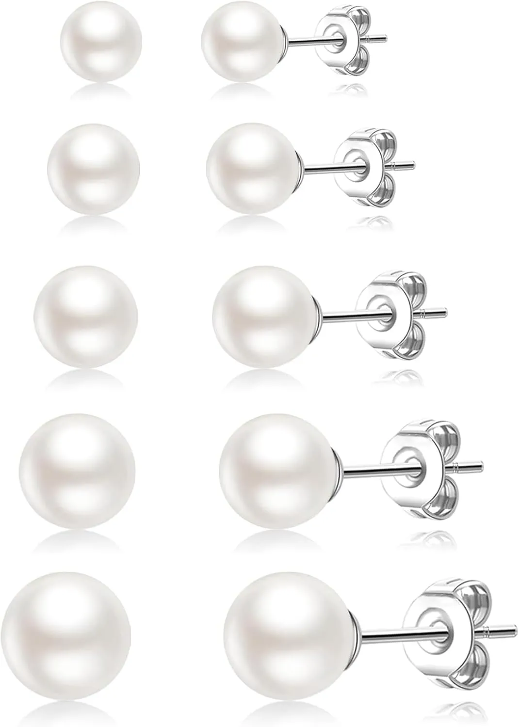 5 Pairs Pearl Earrings for Women Hypoallergenic Ball Studs Earrings Set Women 316L Surgical Steel Silver Pearl Earrings Birthday Valentines Day Gifts