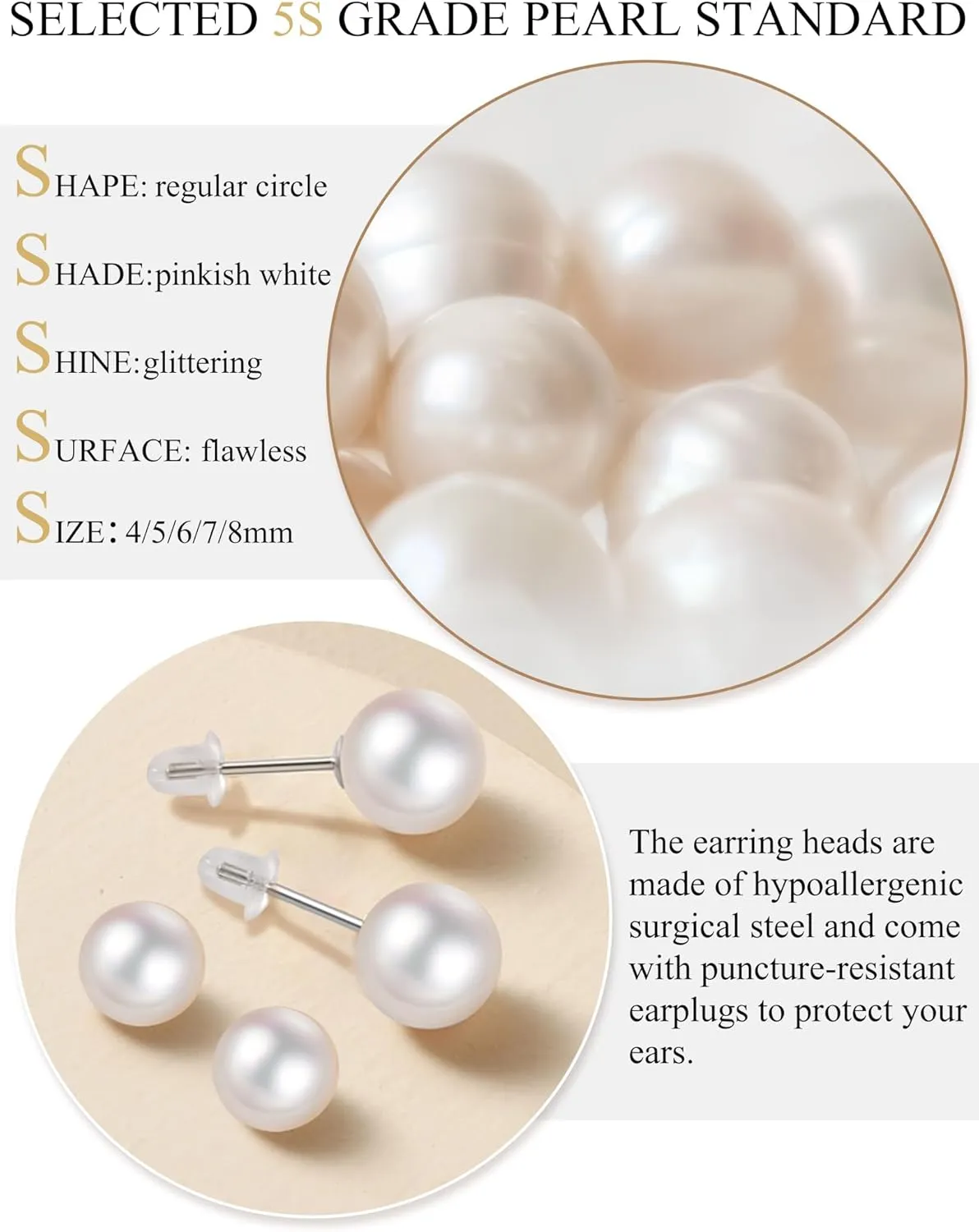 5 Pairs Pearl Earrings for Women Hypoallergenic Ball Studs Earrings Set Women 316L Surgical Steel Silver Pearl Earrings Birthday Valentines Day Gifts