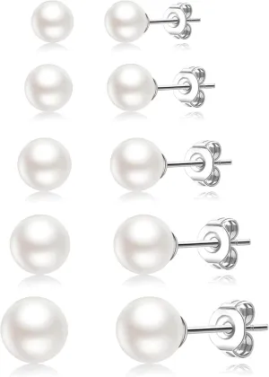 5 Pairs Pearl Earrings for Women Hypoallergenic Ball Studs Earrings Set Women 316L Surgical Steel Silver Pearl Earrings Birthday Valentines Day Gifts