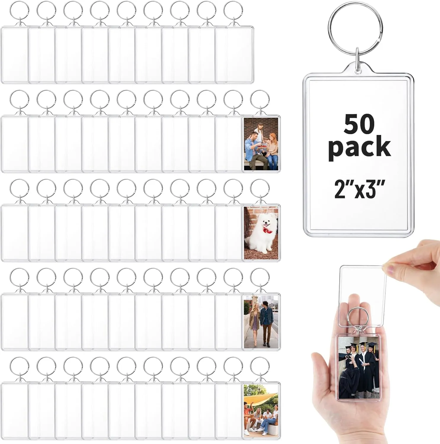 50 Pcs Photo Keychain 2 x 3 inch, Acrylic Clear Picture Keychain, Photo Insert Keychain, Blank Picture Frame Keyring for DIY Craft Personalised Favor Graduation Gift