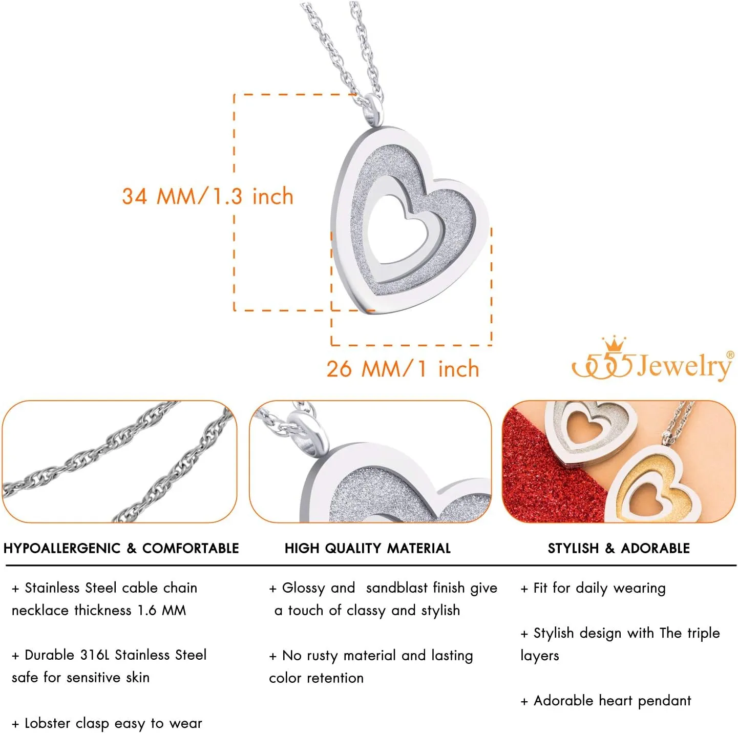 555Jewelry Stainless Steel Glittering Unique Layered Heart Necklace for Women & Ladies
