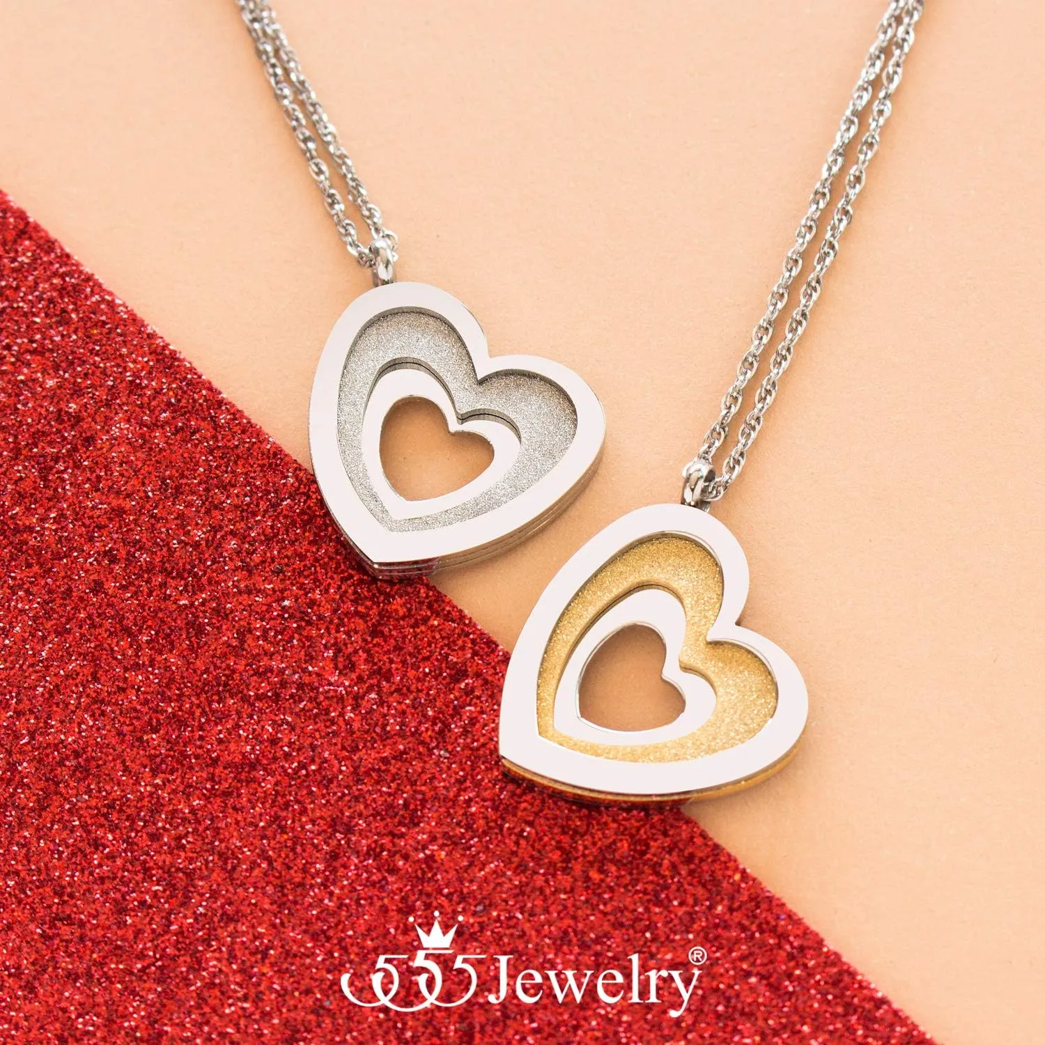 555Jewelry Stainless Steel Glittering Unique Layered Heart Necklace for Women & Ladies