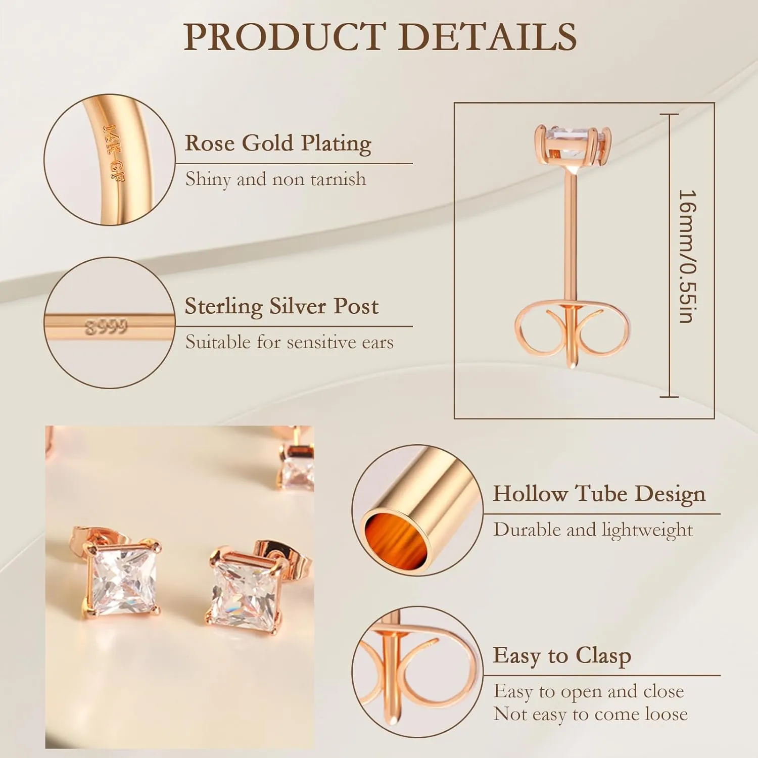 5/6 Pairs Square Clear Cubic Zirconia Stud Earring, 14k Gold Plated Earrings Studs for Women, Stainless Steel Hypoallergenic Small Stud Earrings, Silver Stud Earrings
