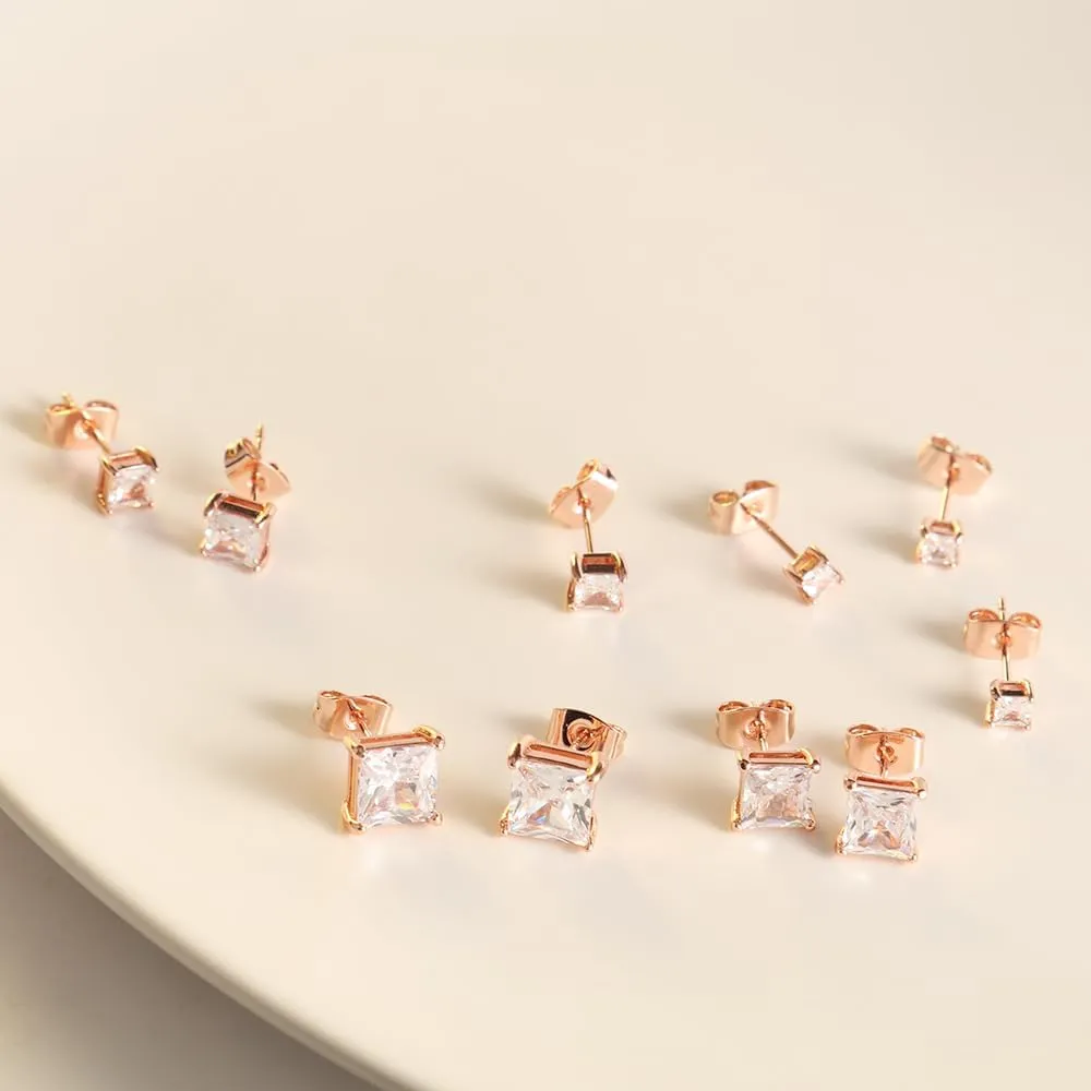 5/6 Pairs Square Clear Cubic Zirconia Stud Earring, 14k Gold Plated Earrings Studs for Women, Stainless Steel Hypoallergenic Small Stud Earrings, Silver Stud Earrings