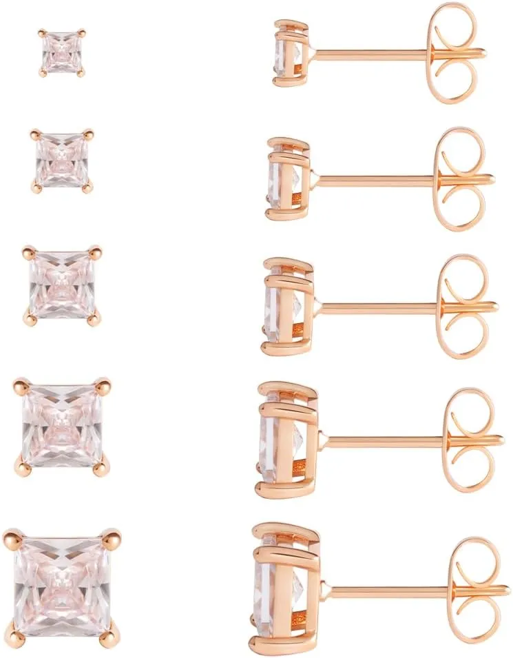 5/6 Pairs Square Clear Cubic Zirconia Stud Earring, 14k Gold Plated Earrings Studs for Women, Stainless Steel Hypoallergenic Small Stud Earrings, Silver Stud Earrings