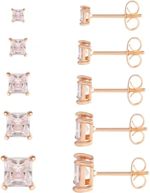 5/6 Pairs Square Clear Cubic Zirconia Stud Earring, 14k Gold Plated Earrings Studs for Women, Stainless Steel Hypoallergenic Small Stud Earrings, Silver Stud Earrings