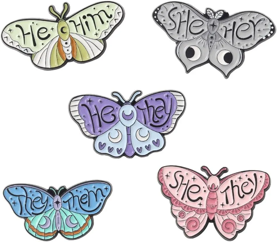 5PCs Pronouns Cute Butterfly Pin She They/He Him/They Them/She Her/He They Gender Enamel Pin Set Identity Bulk Pins for Pride Parade Daily Wear Lapel Hat Backpack Women Girls Jewelry Gift