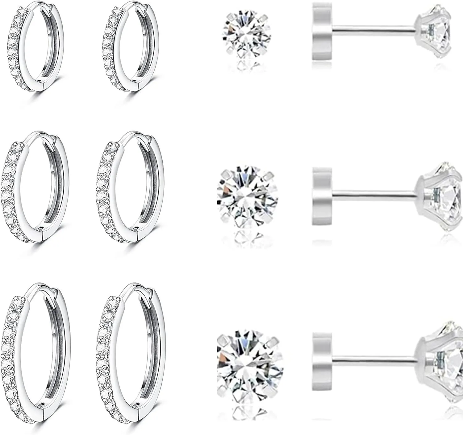 6 pairs of double headed earring set, low allergenic cubic zirconia earrings, stainless steel CZ earrings 3-5mm (steel color)