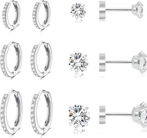 6 pairs of double headed earring set, low allergenic cubic zirconia earrings, stainless steel CZ earrings 3-5mm (steel color)