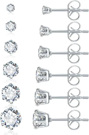 6 Pairs Silver Stud Earrings for Women 3-8 Mm 316L Hypoallergenic Cubic Zirconia Surgical Stainless Steel Earring Studs
