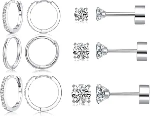 6 Pairs Sterling Silver Earrings Sets for Multiple Piercing Small Silver Huggie Hoop Earrings Flat Back Surgical Steel Tiny CZ Stud Earrings for Women Trendy Cartilage Hypoallergenic