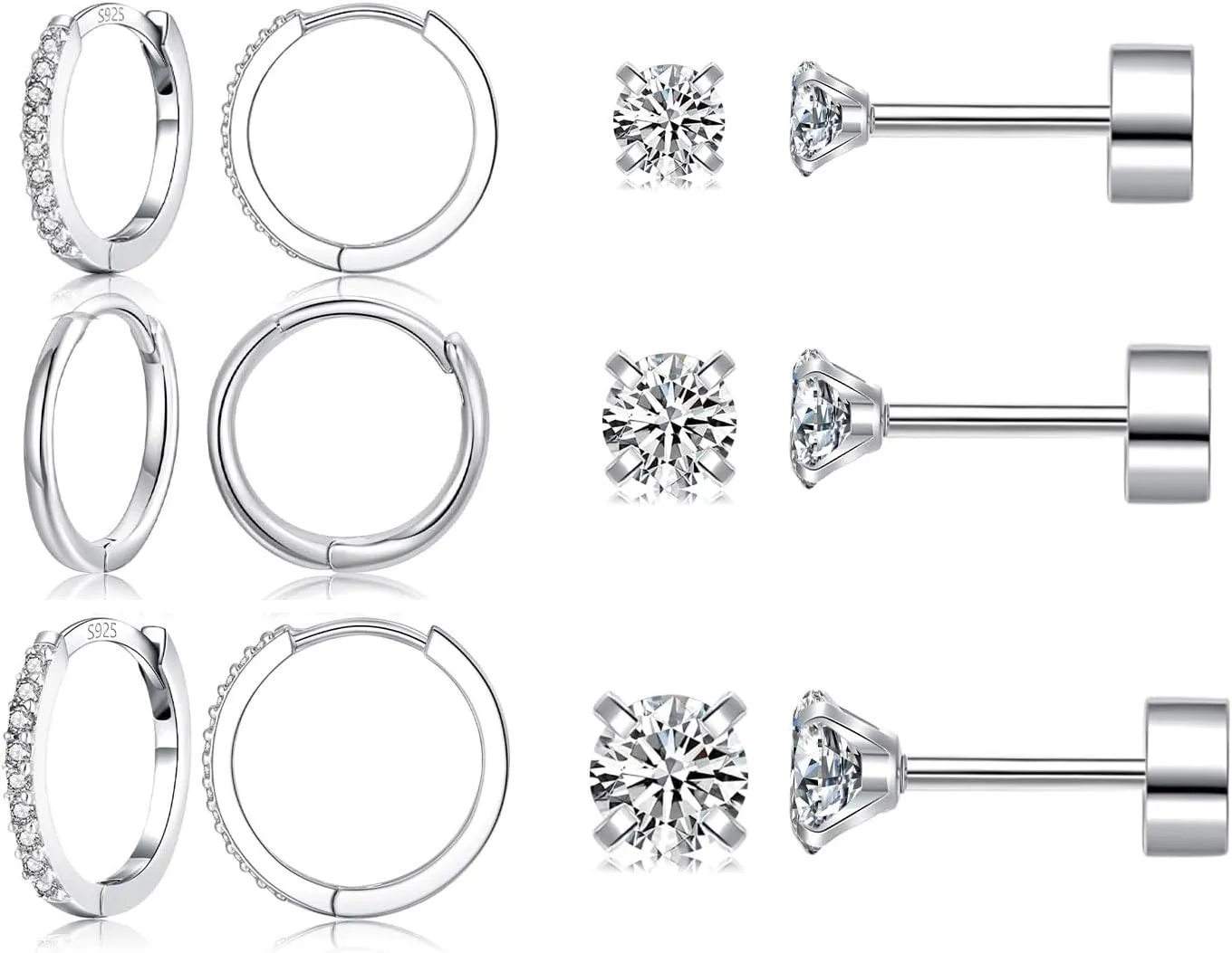 6 Pairs Sterling Silver Earrings Sets for Multiple Piercing Small Silver Huggie Hoop Earrings Flat Back Surgical Steel Tiny CZ Stud Earrings for Women Trendy Cartilage Hypoallergenic