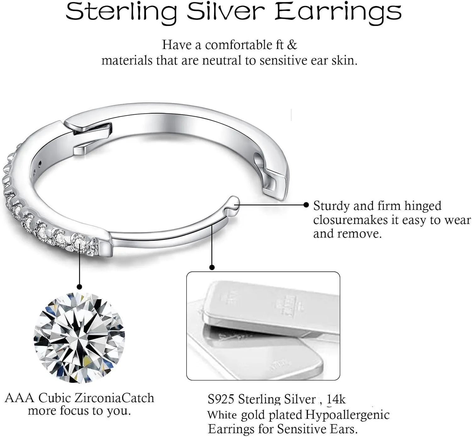 6 Pairs Sterling Silver Earrings Sets for Multiple Piercing Small Silver Huggie Hoop Flat Back Surgical Steel Tiny CZ Stud Earrings for Women Trendy Cartilage Hypoallergenic