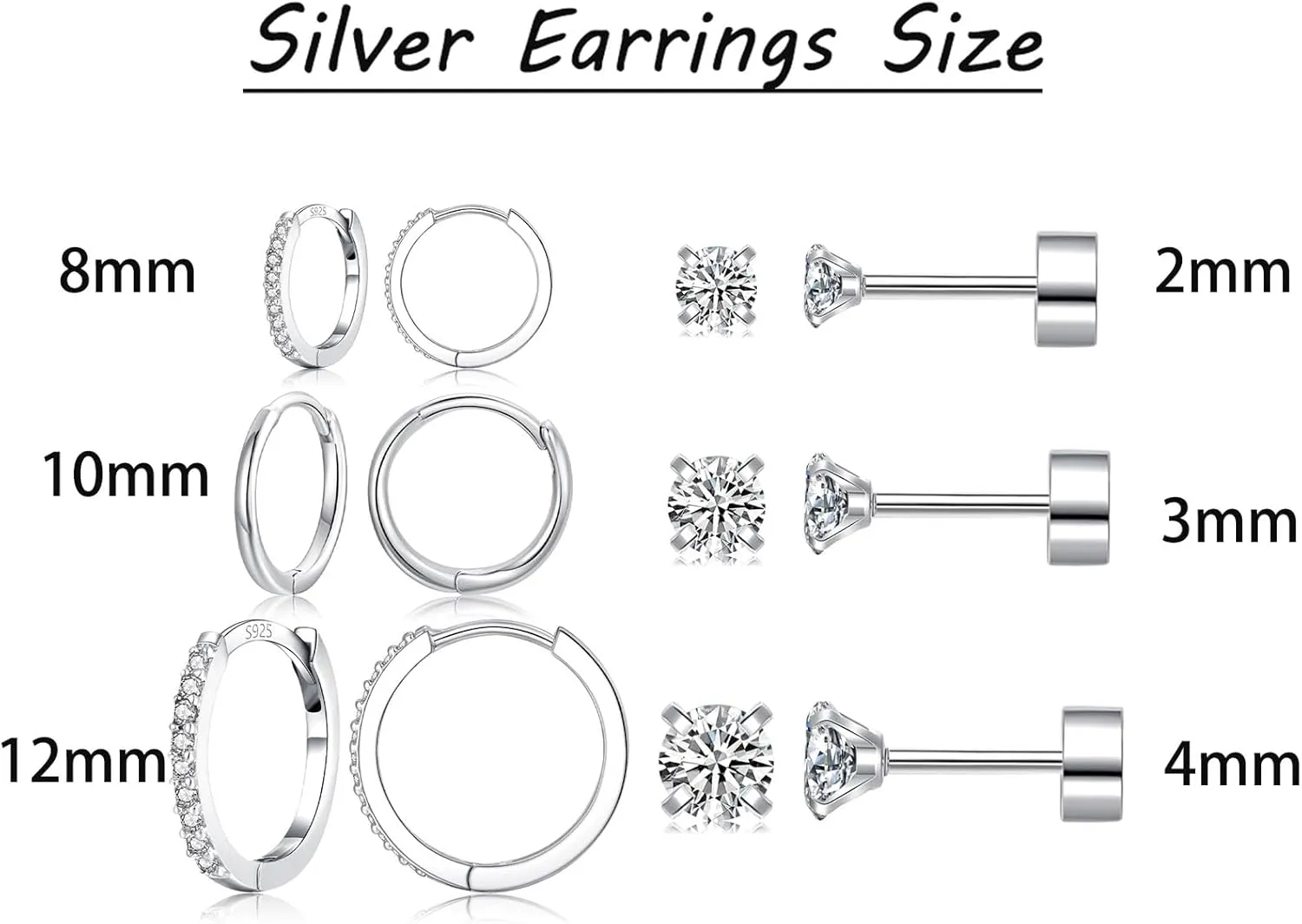6 Pairs Sterling Silver Earrings Sets for Multiple Piercing Small Silver Huggie Hoop Flat Back Surgical Steel Tiny CZ Stud Earrings for Women Trendy Cartilage Hypoallergenic
