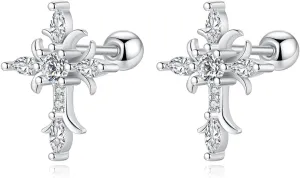 925 Sterling Silver Cross Earrings for Women Dangle, Small 14k Gold Plated Cubic Zirconia Earrings Studs Hypoallergenic for Women Trendy Jewelry Gifts