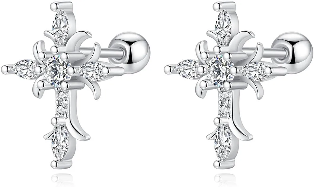 925 Sterling Silver Cross Earrings for Women Dangle, Small 14k Gold Plated Cubic Zirconia Earrings Studs Hypoallergenic for Women Trendy Jewelry Gifts