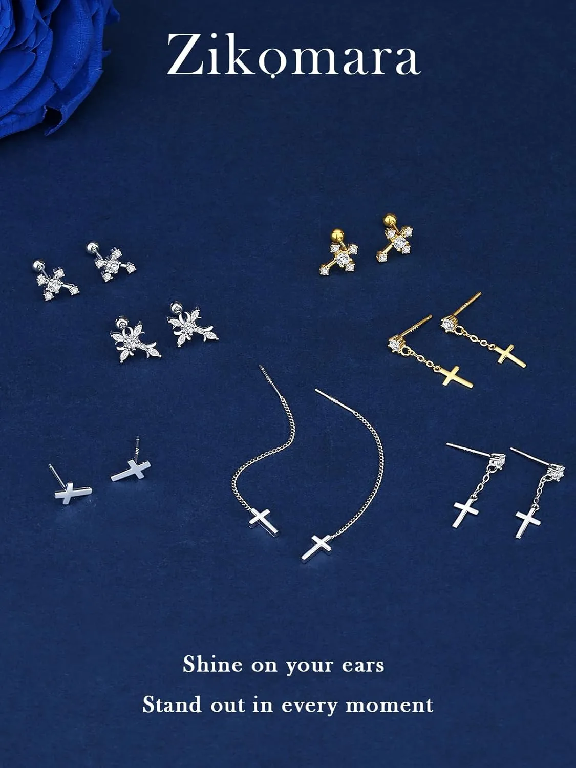 925 Sterling Silver Cross Earrings for Women Dangle, Small 14k Gold Plated Cubic Zirconia Earrings Studs Hypoallergenic for Women Trendy Jewelry Gifts