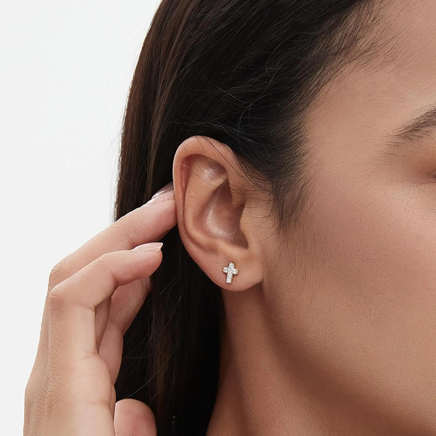 925 Sterling Silver Cross Earrings for Women, Small 14k Gold Plated Cubic Zirconia Earrings Studs Hypoallergenic for Women Gifts