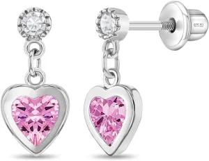 925 Sterling Silver Dangle Cubic Zirconia Heart Safety Screw Back Earrings For Young Girls -Heart Dangle Earrings With Security Backs For Young Children