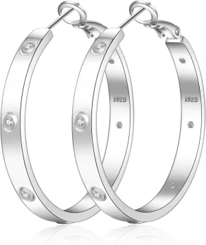 925 Sterling Silver Hoop Earrings for Women Large Silver Hoop Earrings Hypoallergenic Lightweight Silver Earrings Hoops with Cubic Zirconia 40/50/60mm
