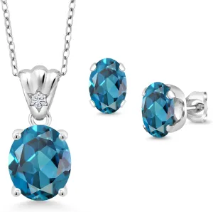 925 Sterling Silver London Blue Topaz and White Lab Grown Diamond Pendant and Earrings Jewelry Set For Women (7.24 Cttw, Gemstone Birthstone, Oval 11X9MM and 8X6MM with 18 Inch Silver Chain)