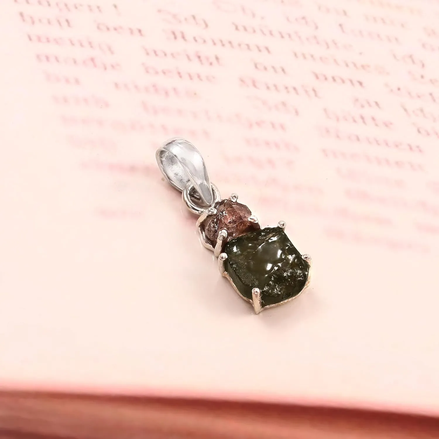 925 Sterling silver Natural Green Rough Moldavite Gemstone Pendant for women | Rough Gemstone Sterling Silver Pendant