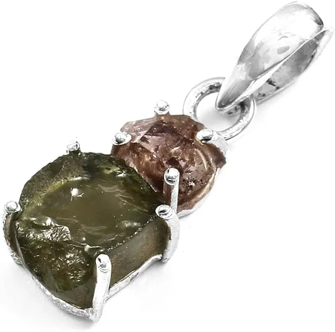 925 Sterling silver Natural Green Rough Moldavite Gemstone Pendant for women | Rough Gemstone Sterling Silver Pendant