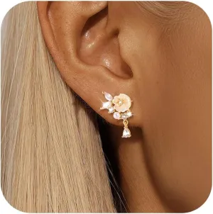 925 Sterling Silver Pearl Flower Leaf Stud Earrings for Women 14K Gold Plated Dainty Statement Cluster CZ Shell Pearl Dangle Earing to Daughter Wedding Prom Birth Graduation Jewelry for Her