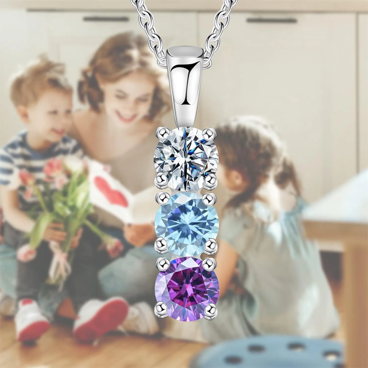 925 Sterling Silver Personalized Simulated Birthstones Necklace for Mother Custom Mother Necklaces with 1-6 Birthstones Personalized Family Necklace for Mother's Day