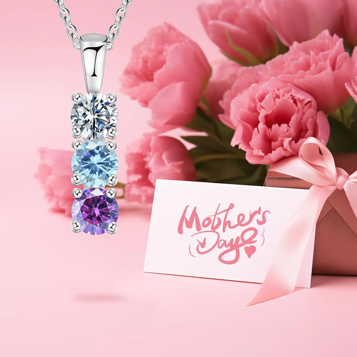 925 Sterling Silver Personalized Simulated Birthstones Necklace for Mother Custom Mother Necklaces with 1-6 Birthstones Personalized Family Necklace for Mother's Day