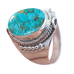 925 Sterling Silver Shiny Bezel Antique Ring for Women Fine Jewelry Anniversary Mother's Day Gift Ring Christmas (US Ring size 12, Blue Copper Turquoise)