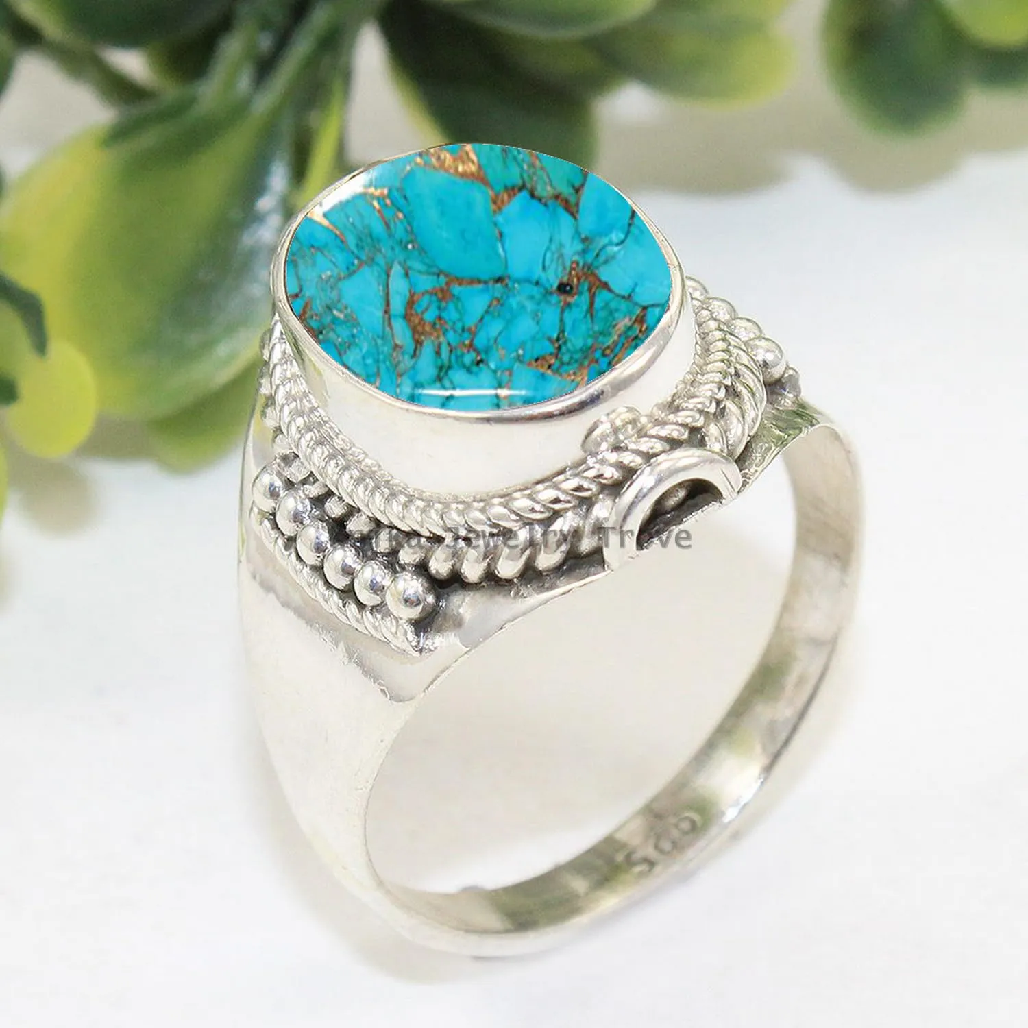 925 Sterling Silver Shiny Bezel Antique Ring for Women Fine Jewelry Anniversary Mother's Day Gift Ring Christmas (US Ring size 12, Blue Copper Turquoise)