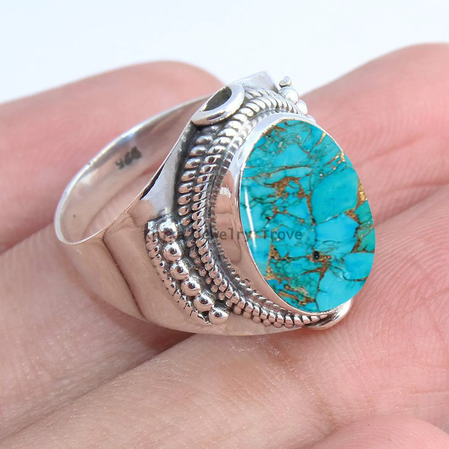 925 Sterling Silver Shiny Bezel Antique Ring for Women Fine Jewelry Anniversary Mother's Day Gift Ring Christmas (US Ring size 12, Blue Copper Turquoise)