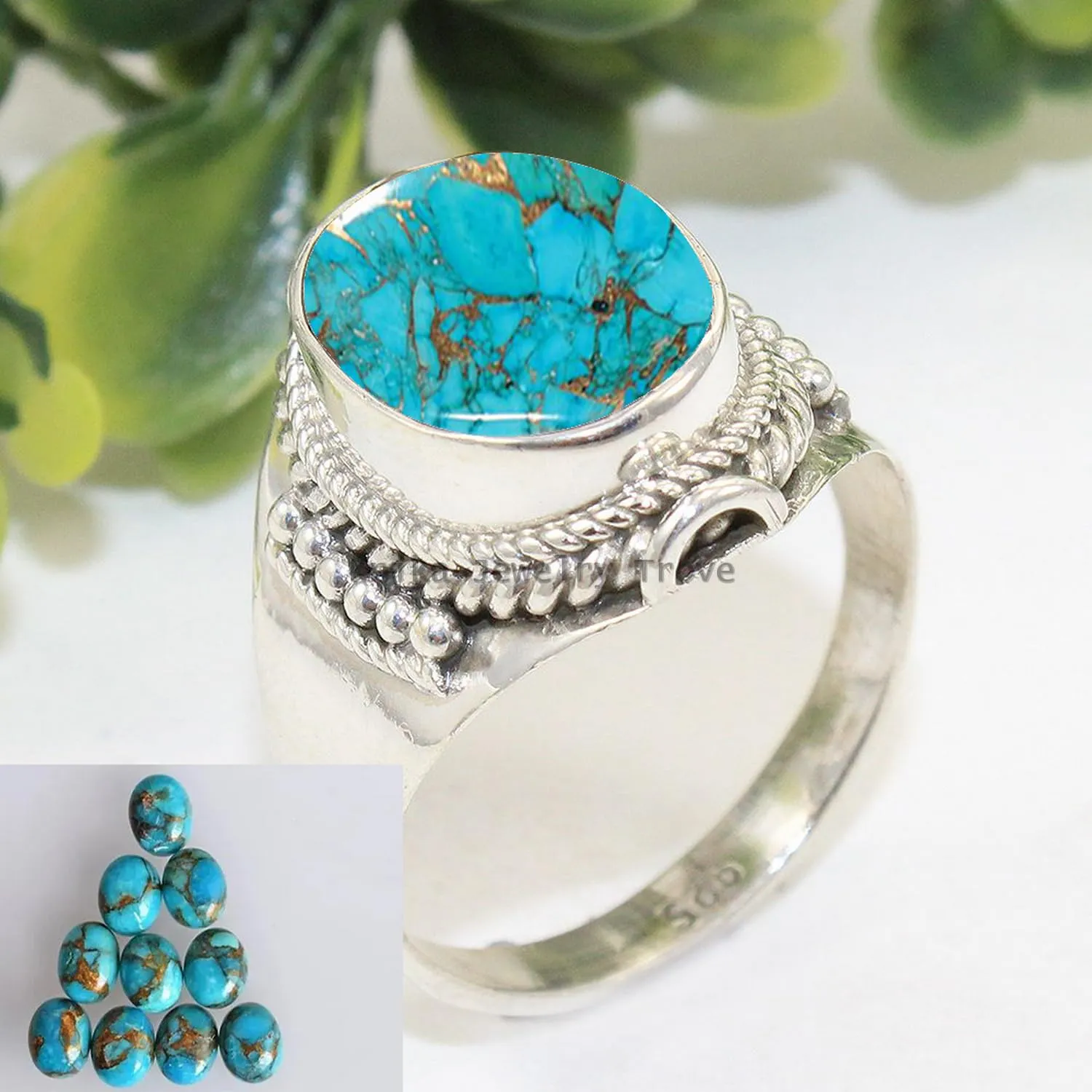 925 Sterling Silver Shiny Bezel Antique Ring for Women Fine Jewelry Anniversary Mother's Day Gift Ring Christmas (US Ring size 12, Blue Copper Turquoise)