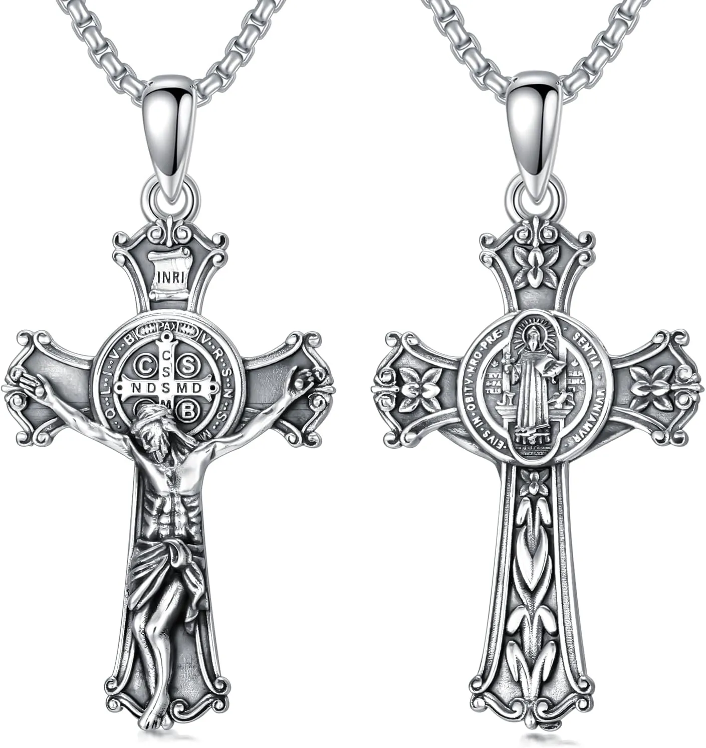 925 Sterling Silver St Michael/St Raphael/St Jude/St Christopher/St Benedict Crucifix Pendant Necklace Religious Amulet Jewelry Gift for Men Women
