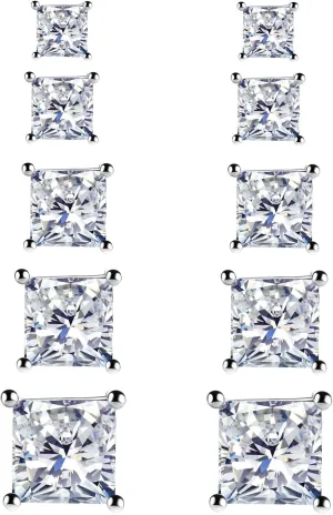 925 Sterling Silver Stud Earrings, 4 Pairs Square Cubic Zirconia Stud Earrings Set for Women Men 3 4 5 6mm
