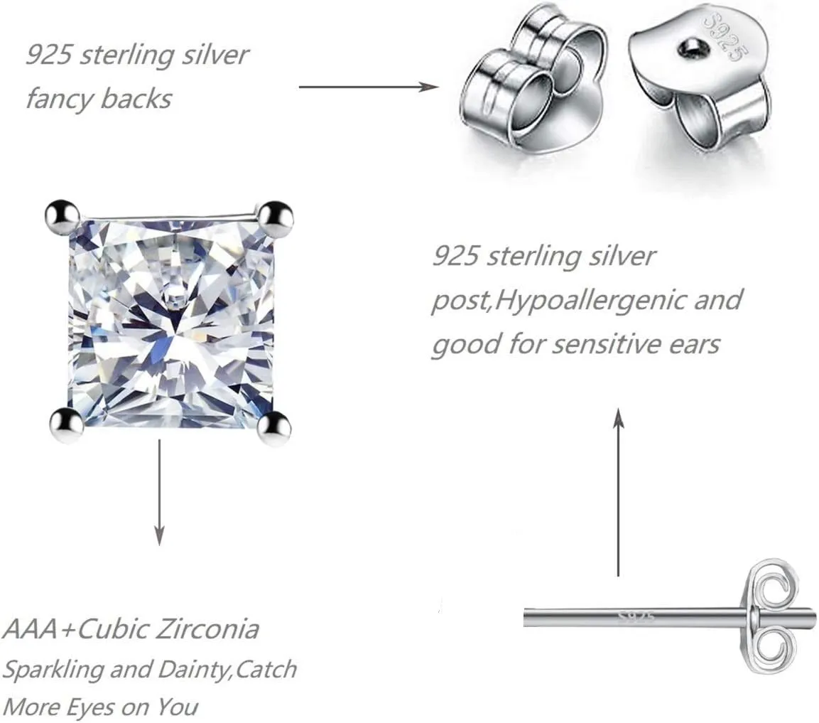 925 Sterling Silver Stud Earrings, 4 Pairs Square Cubic Zirconia Stud Earrings Set for Women Men 3 4 5 6mm