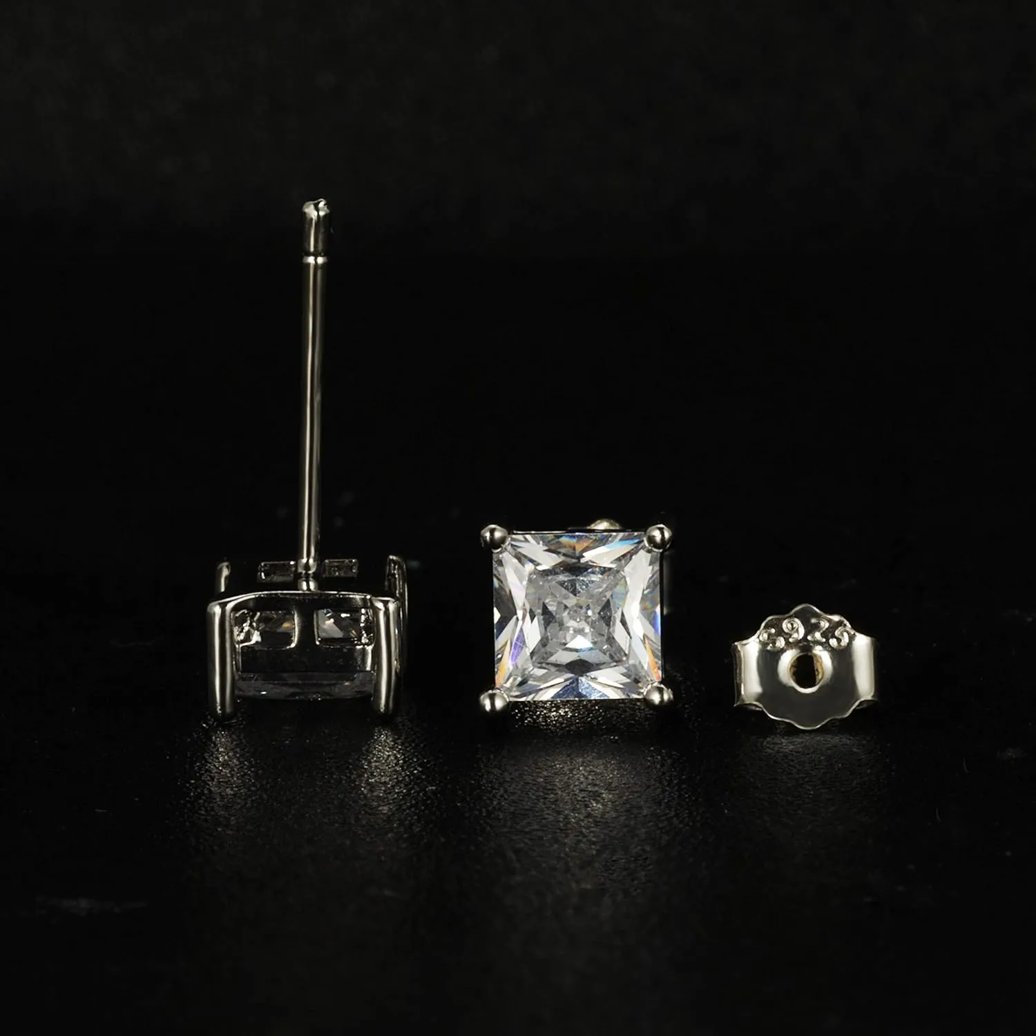 925 Sterling Silver Stud Earrings, 4 Pairs Square Cubic Zirconia Stud Earrings Set for Women Men 3 4 5 6mm