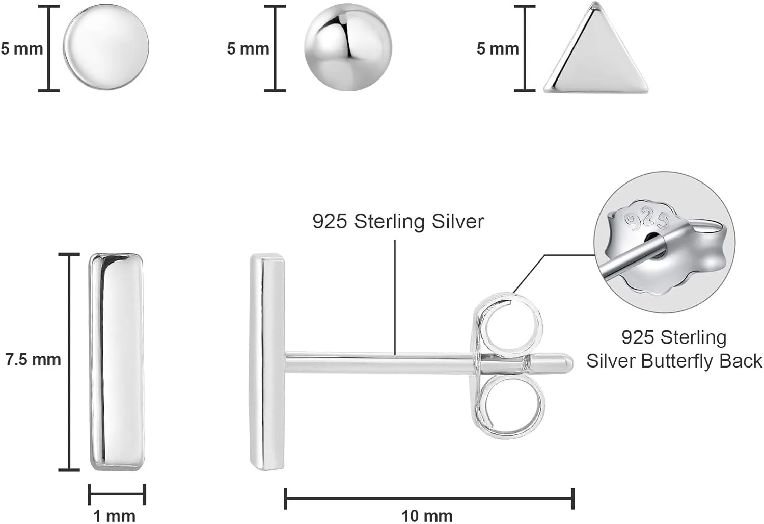 925 Sterling Silver Stud Earrings for Women, 4 Pairs 14K White Gold Plated Hypoallergenic Small Silver Stud Earrings Set for Women Men