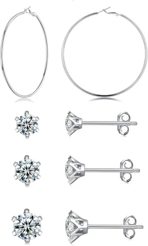 925 Sterling Silver Stud Earrings Set for women | 14K Gold Plated Hypoallergenic Stud Earrings | Clear Cubic Zirconia Stud Earrings| 4 Pairs Different Sizes Sterling Silver Earrings