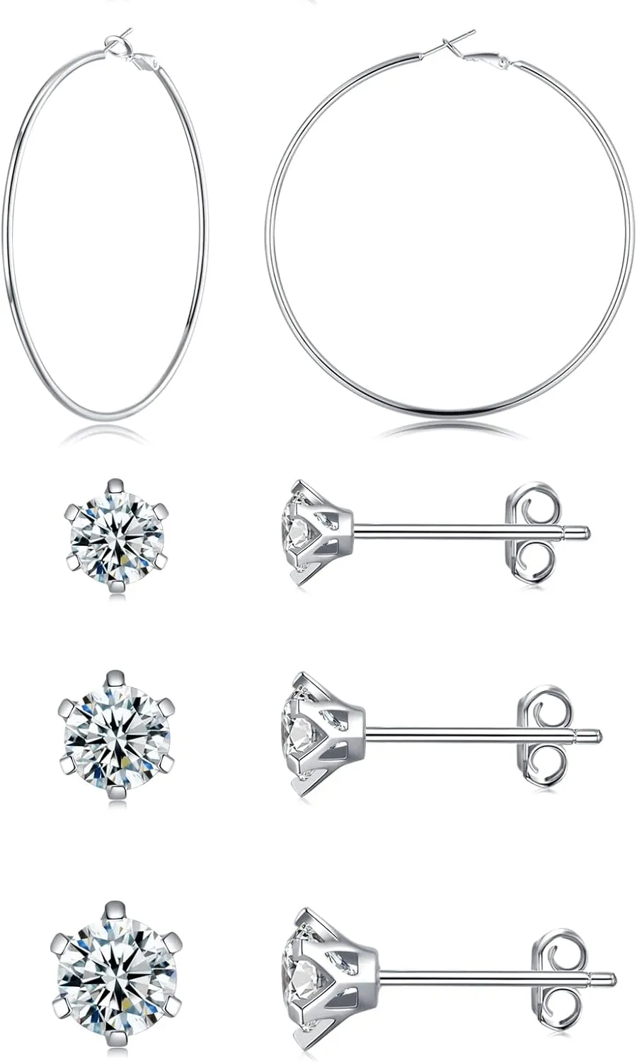 925 Sterling Silver Stud Earrings Set for women | 14K Gold Plated Hypoallergenic Stud Earrings | Clear Cubic Zirconia Stud Earrings| 4 Pairs Different Sizes Sterling Silver Earrings